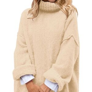 Women's Beige Turtleneck Sweater - Relaxed Knit